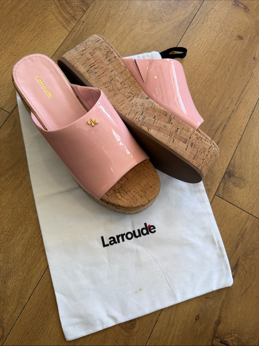 Larroude Cork Platform Slides With Pink Patent Leather. Size 10. New